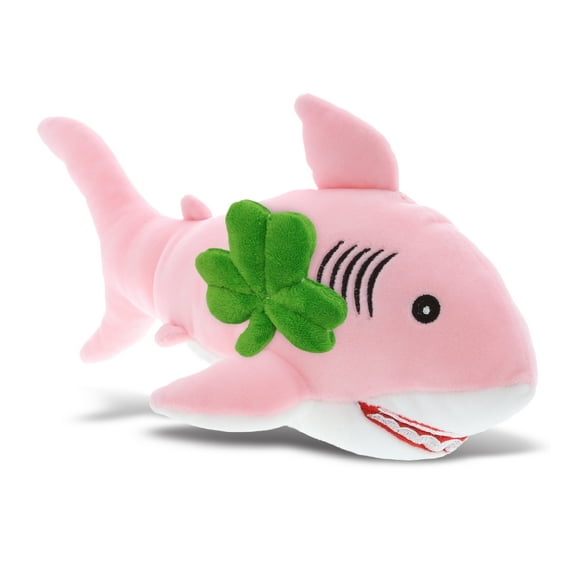 DolliBu Baby Soft Pink Shark Stuffed Animal with Green Plush Shamrock, Cute Green Shamrock Plush, Fun St Patricks Day Stuffed Animal Shark, Good Luck St Patricks Day Toys for Kids, Baby - 12 Inches