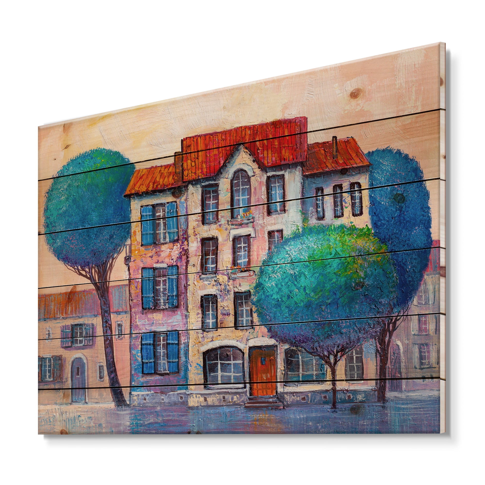Designart 'Colorful Autumn Trees and A House With Red Roof' Modern Print on Natural Pine Wood