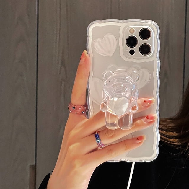 Corea oso amor anillo soporte onda transparente teléfono caso para iphone 12 13 14 Pro Max 11 MiNi XR X XS 7 8 plus SE 3 cubierta Tan Jianjun unisex