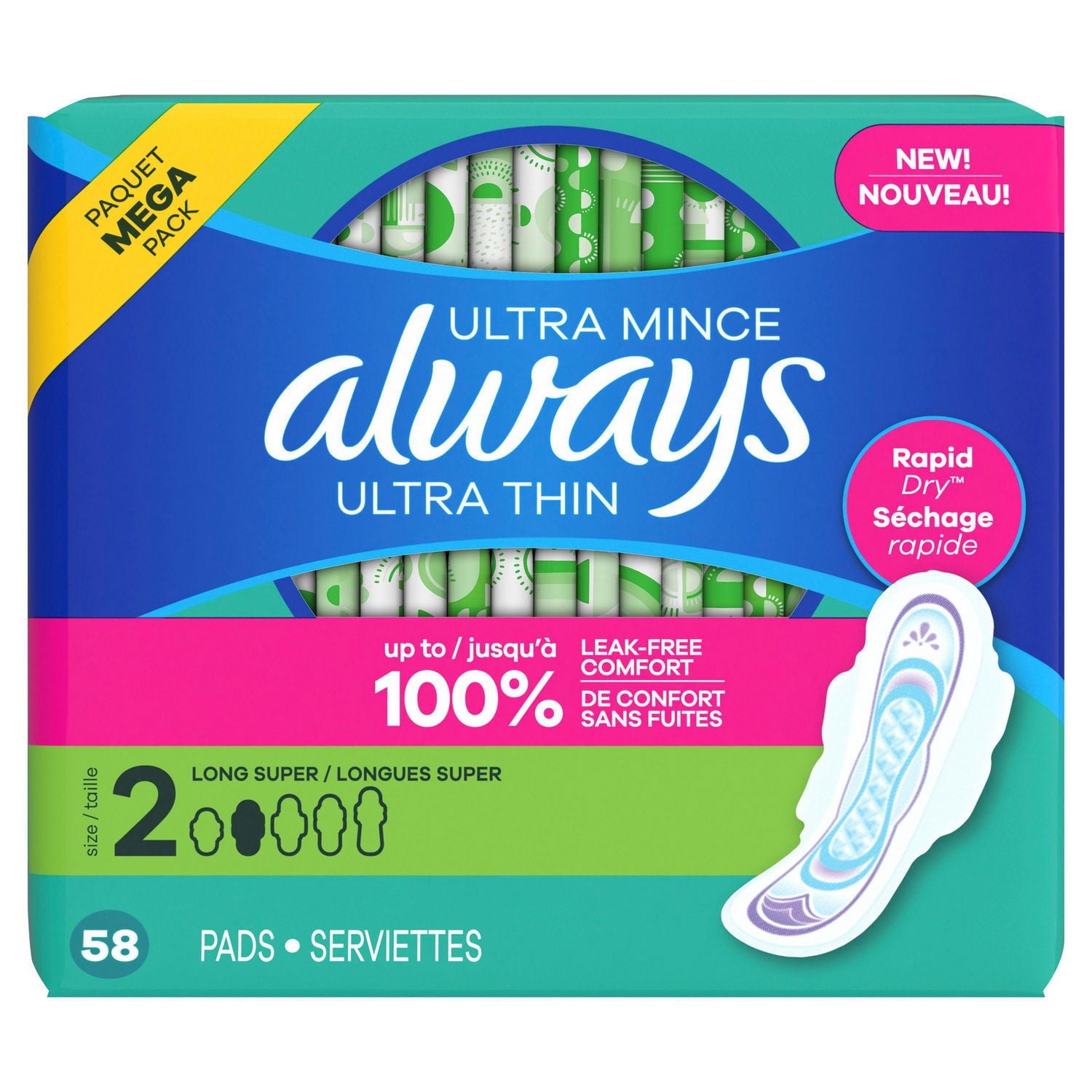 Serviettes féminines Always Ultra Thin, longues, degré d’absorption super, avec ailes, pour femmes, taille2, non parfumées, 58serviettes
