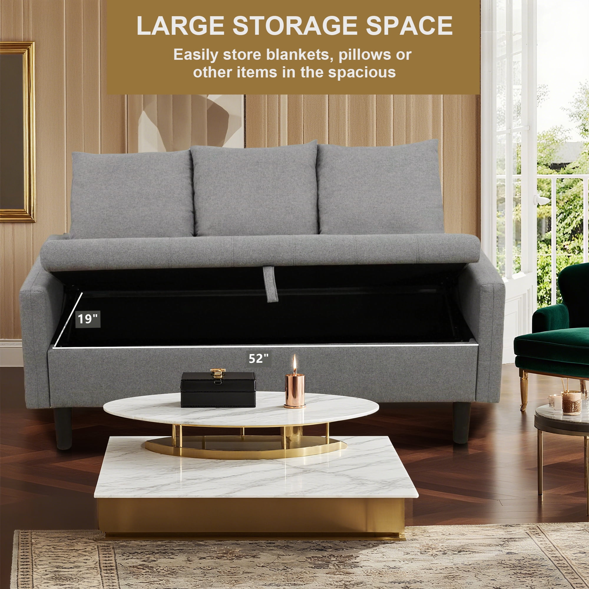 Aukfa 60" Small Sofa Couch with Storage Seat for Living Room, Bedroom, Linen, Gray