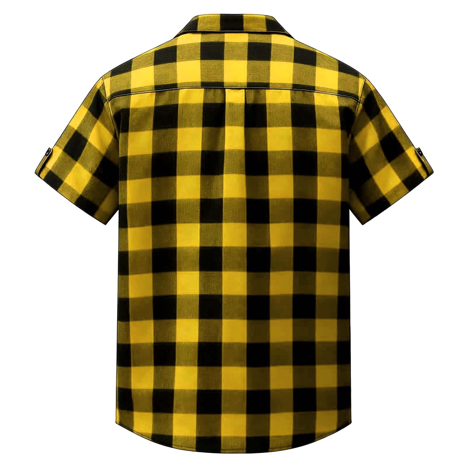 Homenesgenics Mens T Shirts Short-Sleeve Collared Button-Down Checkered Shirt/Top Yellow XXXL