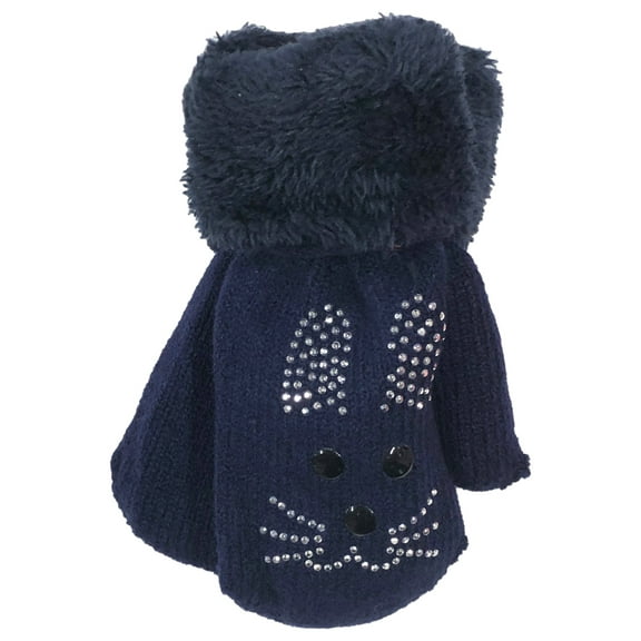 Toddler Girls Blue Bunny Rabbit Plush Lined Mittens with String Attachment