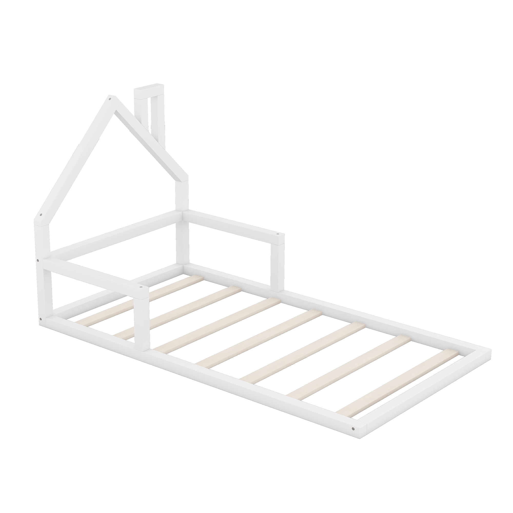 Euroco Twin Size Wood Floor Bed for Kids Room, White