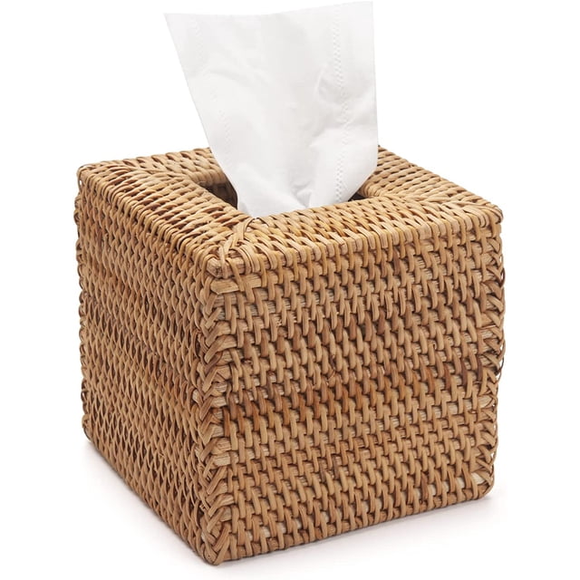 Nvzi Funda para caja de pañuelos de ratán, tejido natural, soporte para servilletas faciales, cuadrado (natural, 5,7 x 5,7 x 5,7 pulgadas)