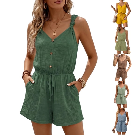 Women's Casual Shorts V Neck Button Elastic Waist Casual Jumpsuit Shorts Lounge Sleeveless Romper