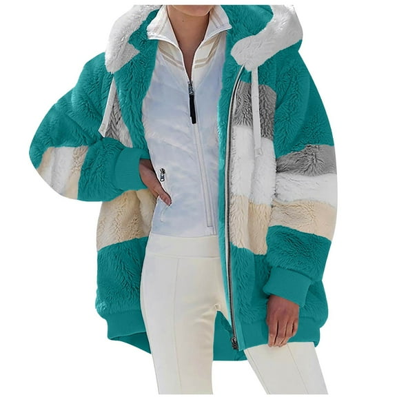 Nokdvo Fleece Jackets for Women Cozy Zipper Hooded Color Block Patchwork r Cardigan Long Sleeve Drawstring Casual Coats with Pockets,Green L