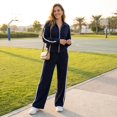 thumbnail image 6 of Szluipve 2 Piece Sets for Women 2 Piece Outfits Side Stripe Zip Up Collar Jacket & Wide Leg Pants Set Ribbed Textured Casual Tracksuit Loungewear Suit for Daily Travel Navy 2XL, 6 of 7