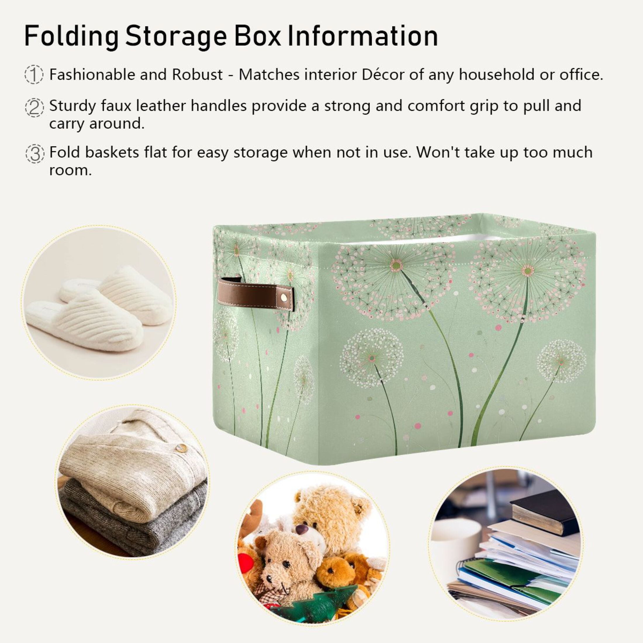Four Large Dandelions Foldable Storage Basket,Canvas Fabric Foldable Storage Bins with Handles Open Home Storage Bins Boxes for Toy Book Shelf Closet Baskets