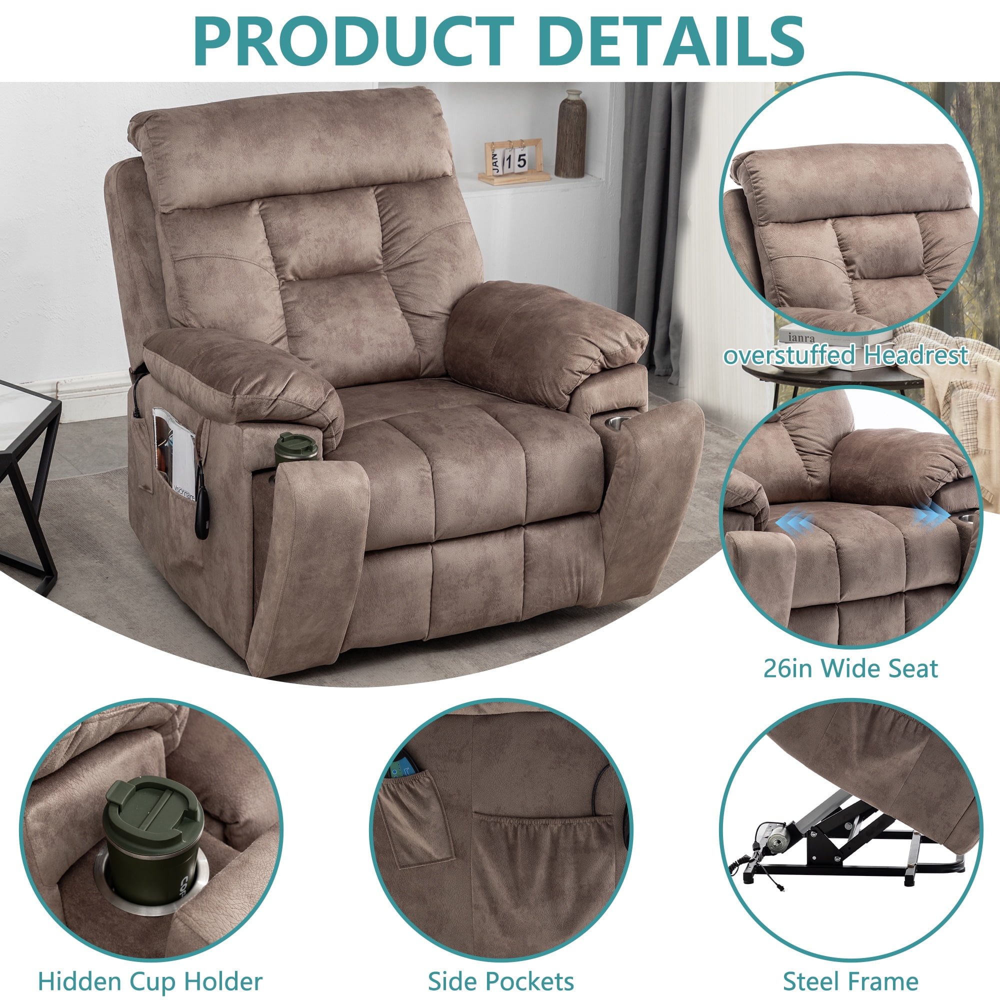 26 Inch Wide Seat Recliner Chair for Adults and Elderly, UHOMEPRO Oversized Power Lift Recliner Chair with Heat and Massage, Overstuffed Headrest, 350 lb Capacity, Beige