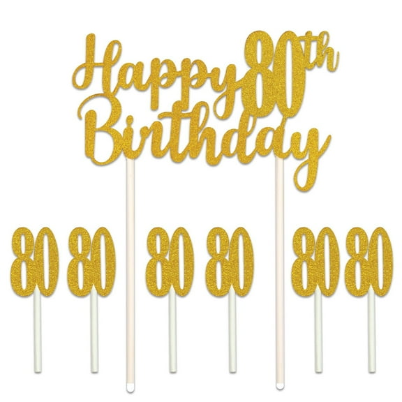 Set of 12 Gold Happy 80th Birthday Cake Topper 8.25"
