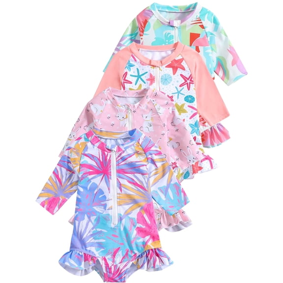 ATAIKU Toddler Girls Long Sleeve Swimsuit Baby One Piece Ruffle Zipper Rash Guard Bathing Suit UPF 50 Kid Leaves Swimwear 1-6 Years