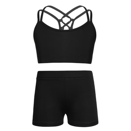Venjoe Kids Girls Sports Dance Outfits Criss Cross Back Crop Top Bra with Shorts set Gymnastics Black 8