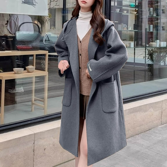 ClodeEU Women's Winter Hooded Wool Blend Coat,Casual Loose Long Sleeve Long Coat With Pockets Gray,Womens Plus XXL