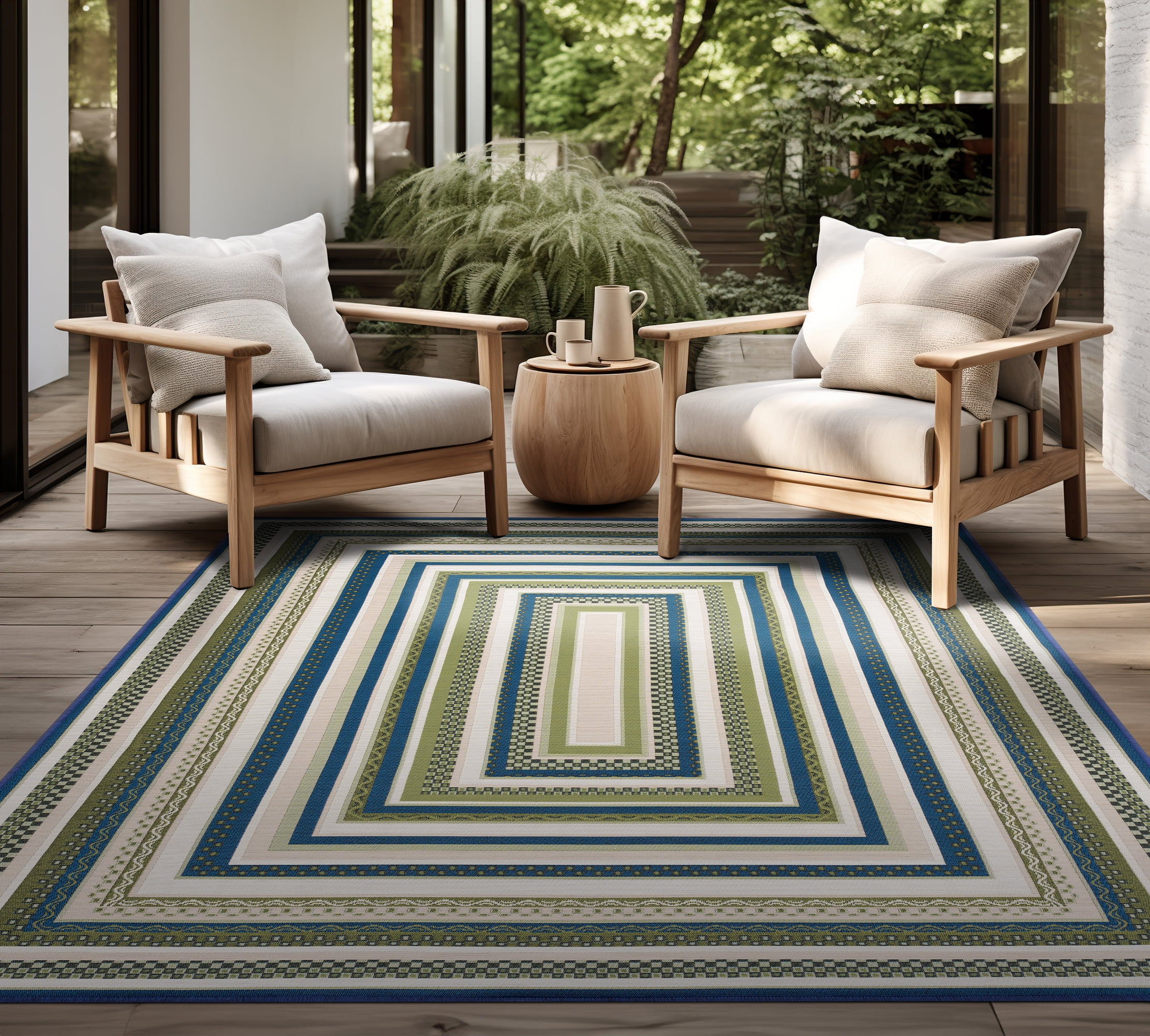 Stunning Contemporary 9' x 12' Green and Blue Polypropylene Outdoor Area Rug