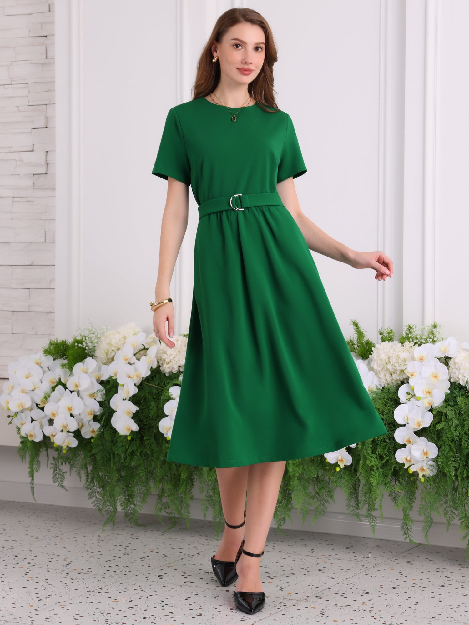DARING DIVA Short Sleeve A-Line Belted Summer Casual Midi Dress M Green