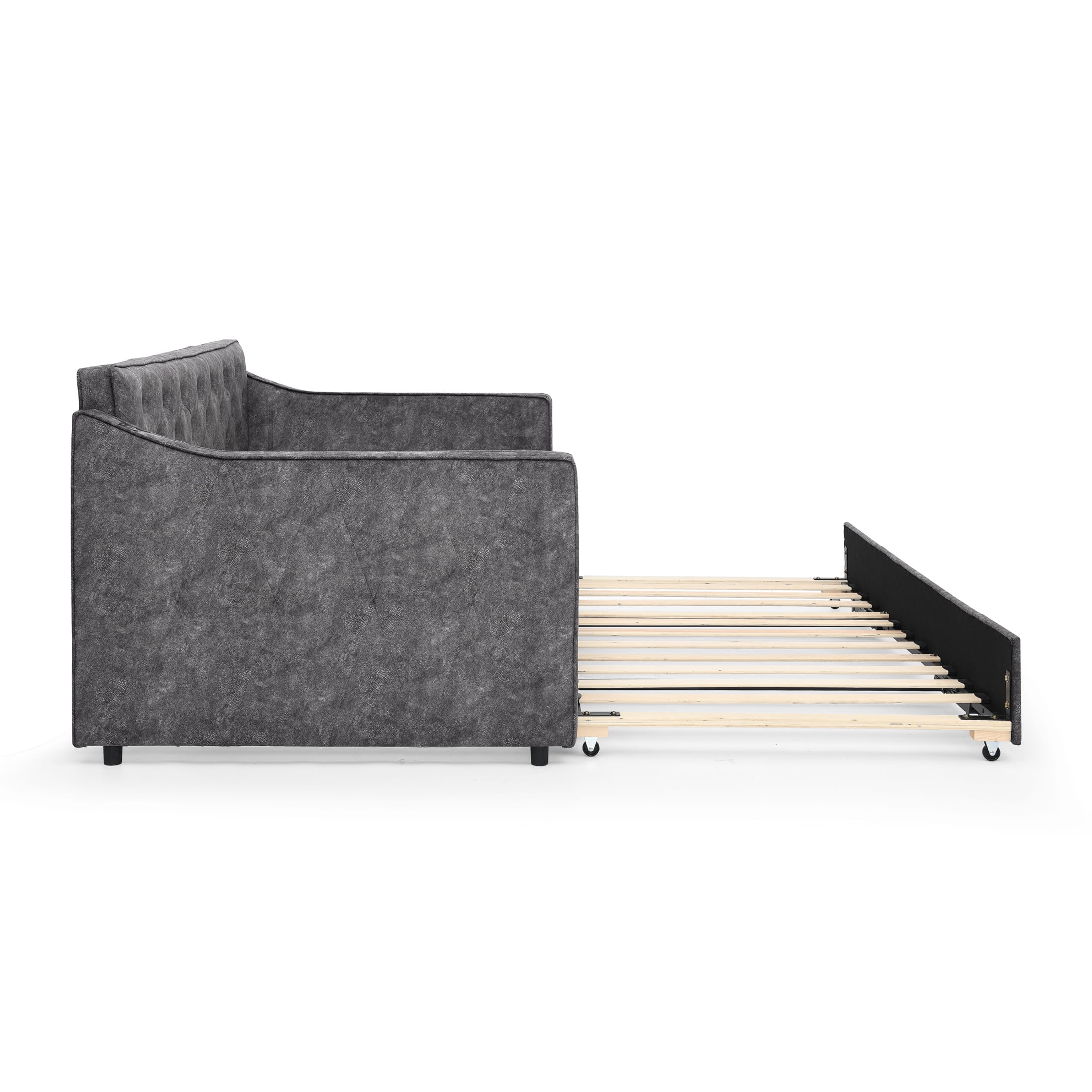 Noble House Belric Twin Size Velvet Tufted Daybed, Sofa Bed Frame with Pop-Up Trundle and Built-In Charging Port, Grey