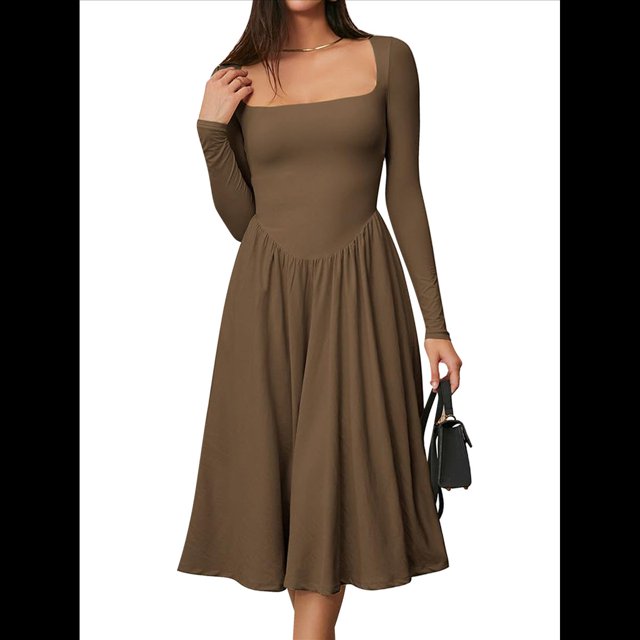 Vestido Midi Informal de Larga con Cuello Cuadrado para Mujer, Moda de y Otoño Marrón S
