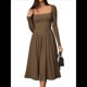 thumbnail image 1 of Vestido Midi Informal de Larga con Cuello Cuadrado para Mujer, Moda de y Otoño Marrón XL, 1 of 10
