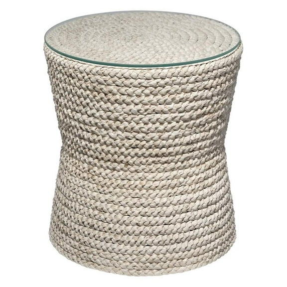 Maklaine Hand-braided Corn Husk and Tempered Glass Top Side Table in Natural