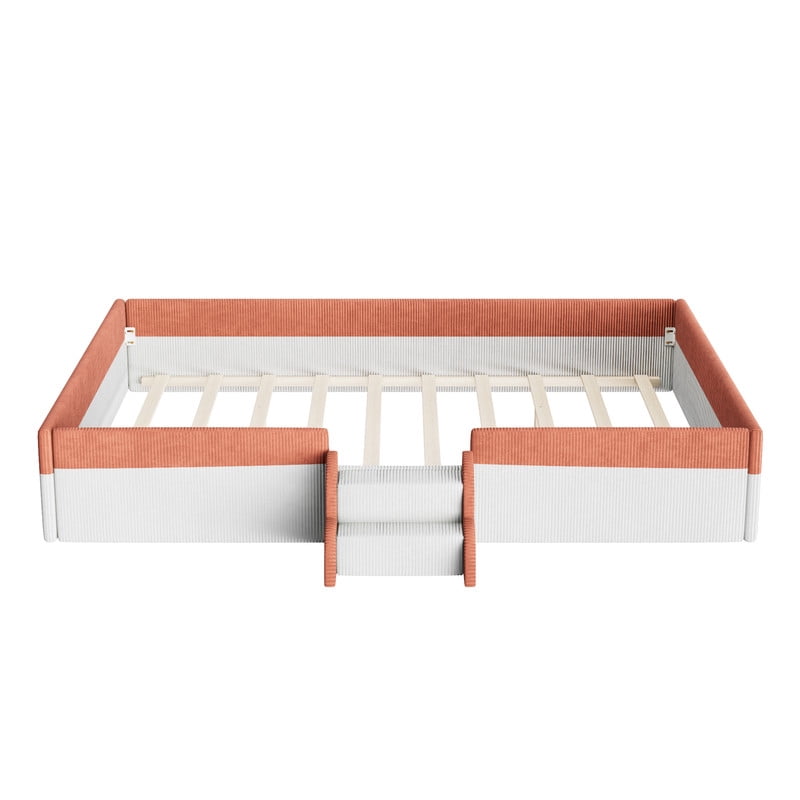Queen Size Corduroy Upholstered Floor Bed Frame with Fence, Kids Low-Profile Platform Bed with 2-Tier Steps & Smart LED Lights