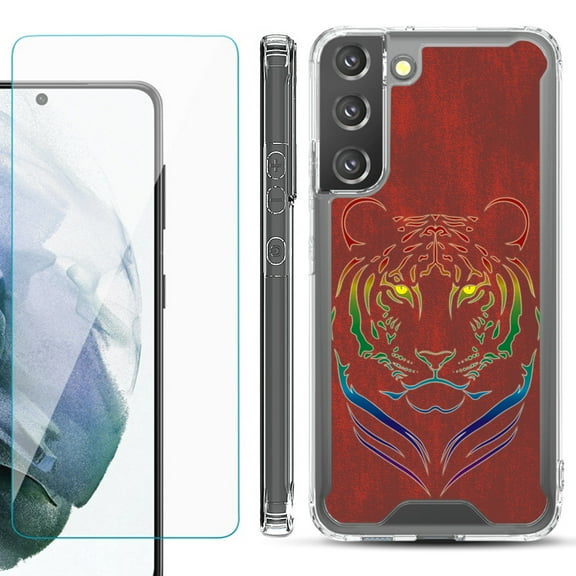 Shockproof Bumper Phone Case for Samsung Galaxy S22 5G, with Tempered Glass Screen Protector, by OneToughShield ® - Night Tiger