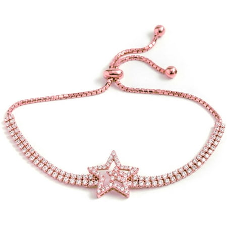 Pori Jewelers CZ 18kt Rose Gold-Plated Sterling Silver Star Friendship Bolo Adjustable Bracelet