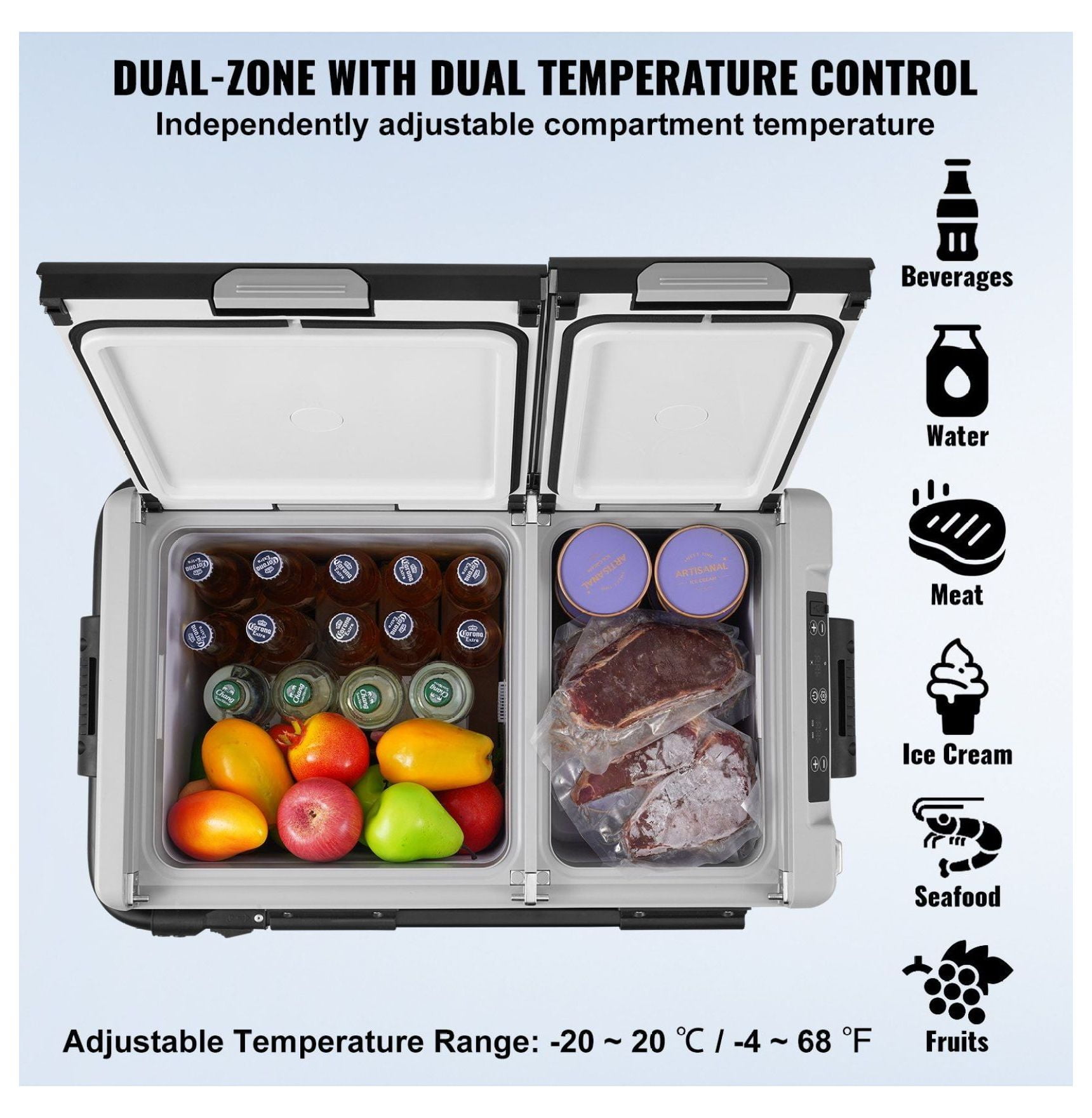 Portable Car Refrigerator Freezer Compressor 58 L Dual Zone for Home Car