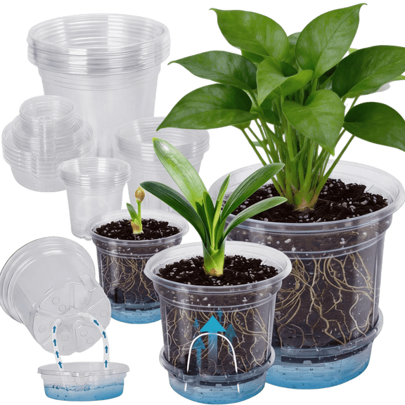 18 Pack Self-Watering Planters with Drainage Holes, Assorted 4-Inch, 5-Inch, and 6.5-Inch Clear Plastic Nursery Pots for Indoor House Plants, Succulents, and Flower Starts