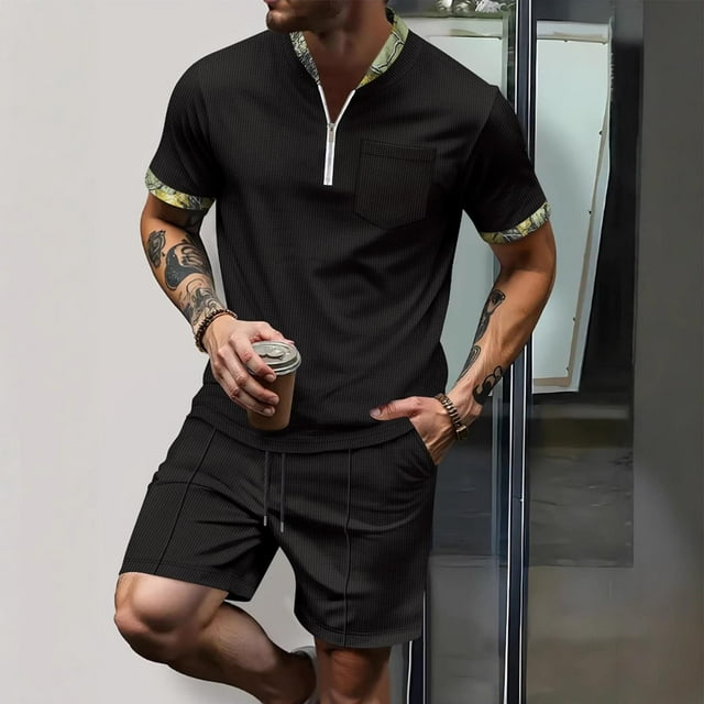 Styesk Pièces Tenues pour Hommes 2 Pcs Mode Décontractée Manches Courtes Col Rabattu Pantalon Ensemble Deux Taille Élastique