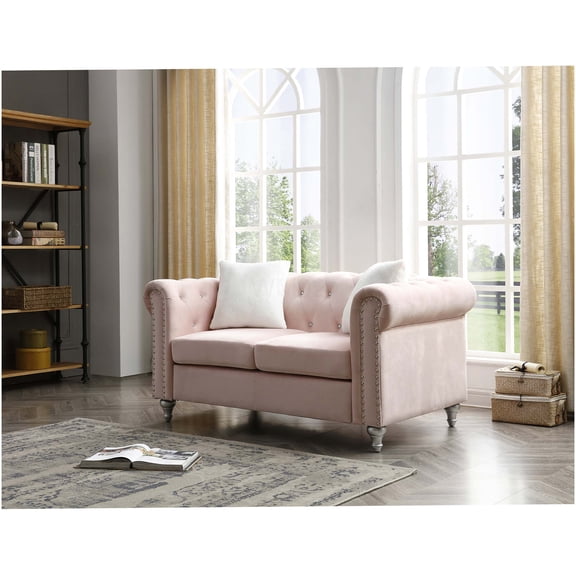 Pink Velvet Loveseat Sofa, Contemporary Two-Seater with Round Arms for Living Room