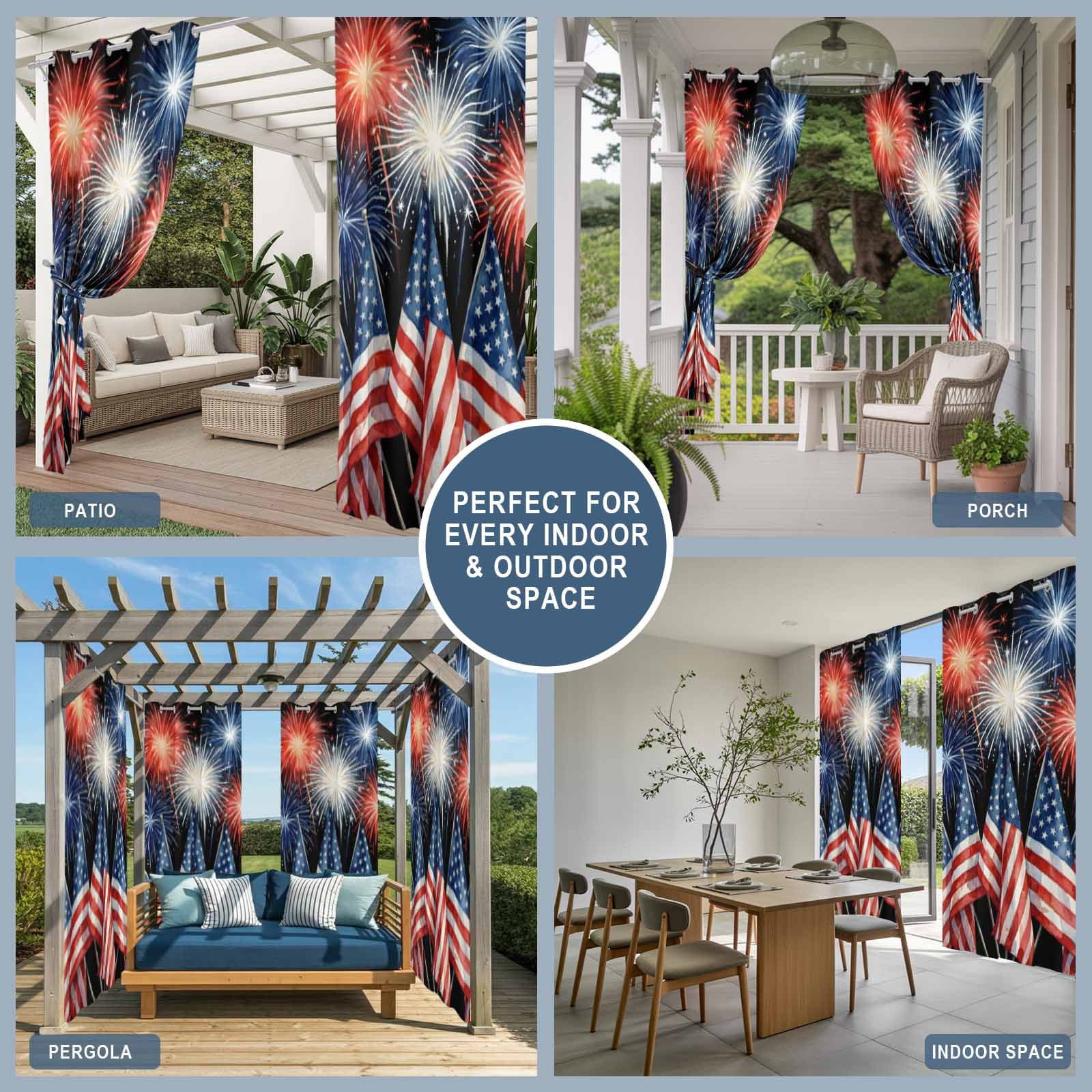 Independence Day Outdoor Curtains for Patio, American Flag Fireworks Starry Sky Abstract Watercolor Sunshade Privacy Drapes Grommet Waterproof Outside Curtains for Porch Balcony 54"x95", 2 Panel