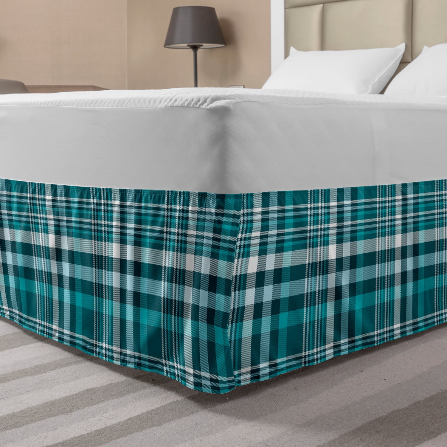 Plaid Bed Skirt, Monochromatic Classic Crossing Line Squares, Elastic