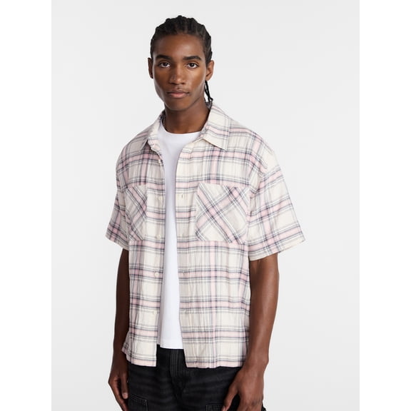 No Boundaries Textured Plaid Button Front Shirt with Short Sleeves, Men's XS-5XL