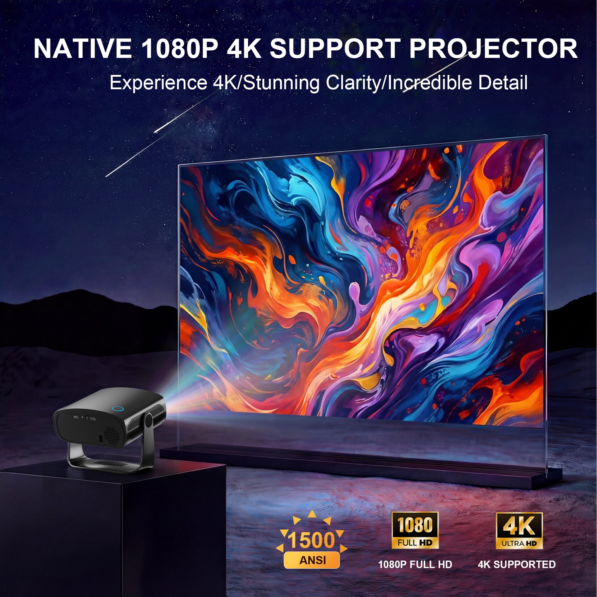 ORVANTI Smart Projector with 4K Support, 1080P Native, 150000 Lumens, Built-in Streaming Apps, Auto Focus & Keystone, Home Theater Projector, Outdoor Projector with 360° Stand