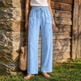 thumbnail image 2 of Oksale Womens Linen Pants Clothing Petite Loose Straight Leg Pants with Pockets Summer Drawstring Waist Cozy Casual Pants Light Blue M, 2 of 10