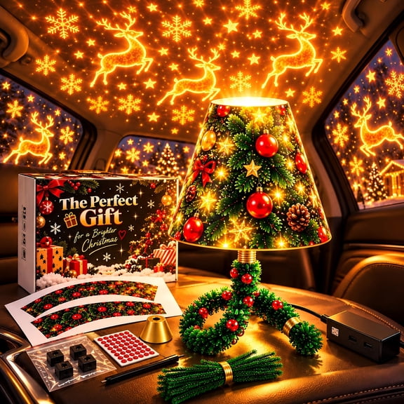 Merry Ride Christmas Car Projector Light, Candy Cane Green USB Projector Lamp, Cute Christmas Room Decor Star Projection Xmas Themed Light Holiday Eve Decoration