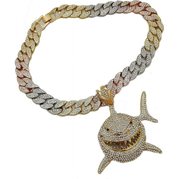 Hip Hop Iced Gold Plated Cubic Zirconia Large Shark Pendant & 16mm 18" Multi Color Iced Cuban Chain Bling Necklace Set Perfect Gift