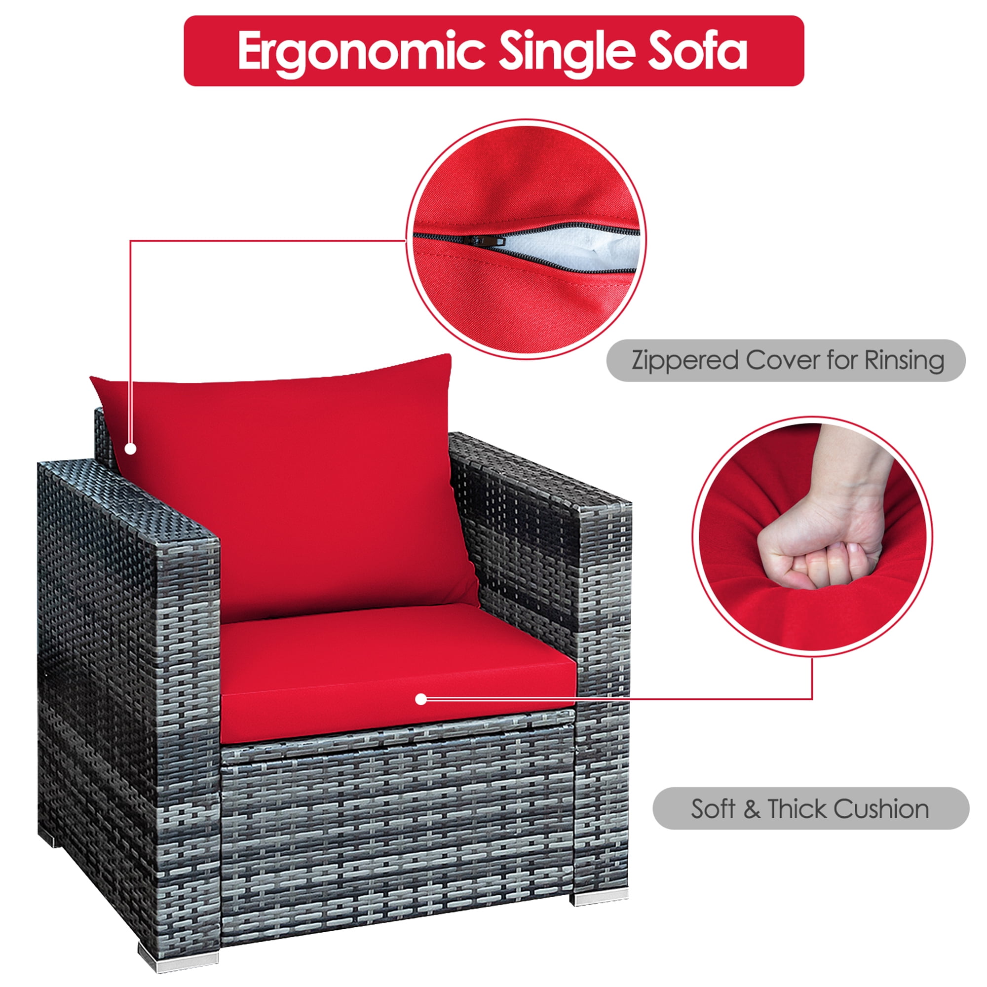 Gymax 3-Pieces Patio Conversation Rattan Furniture Set Outdoor with Red Cushion