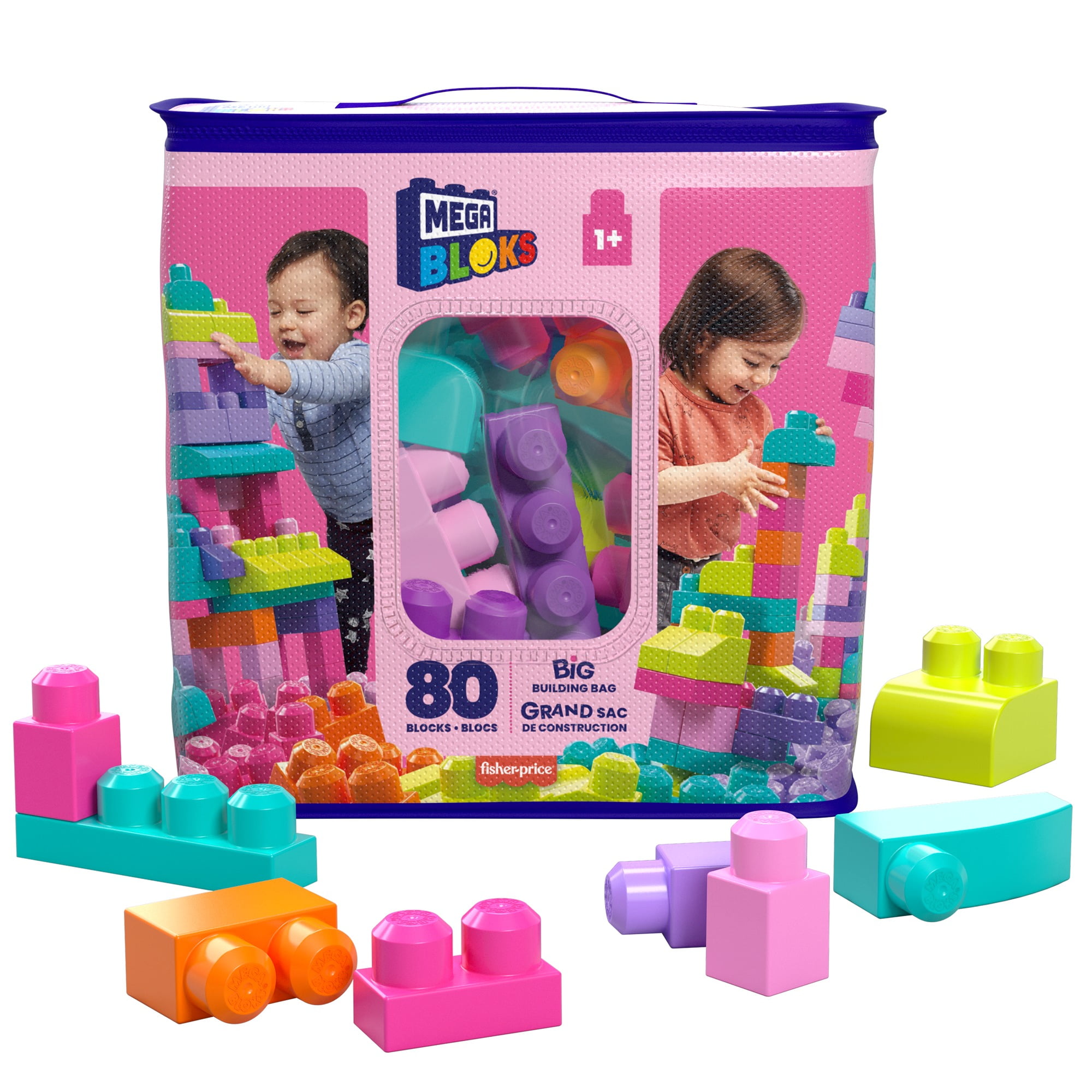 MEGA BLOKS Big Building Bag Toy Block Set (80 Blocks), Pink for Child 1Y+