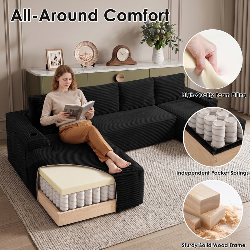 Anpport 133" Boneless Cloud Modular Sectional Couch, Corduroy Sofa with Cup Holders, Side Pockets, Deep Seat, No Assembly Required for Living Room, Black (U‑Shaped)