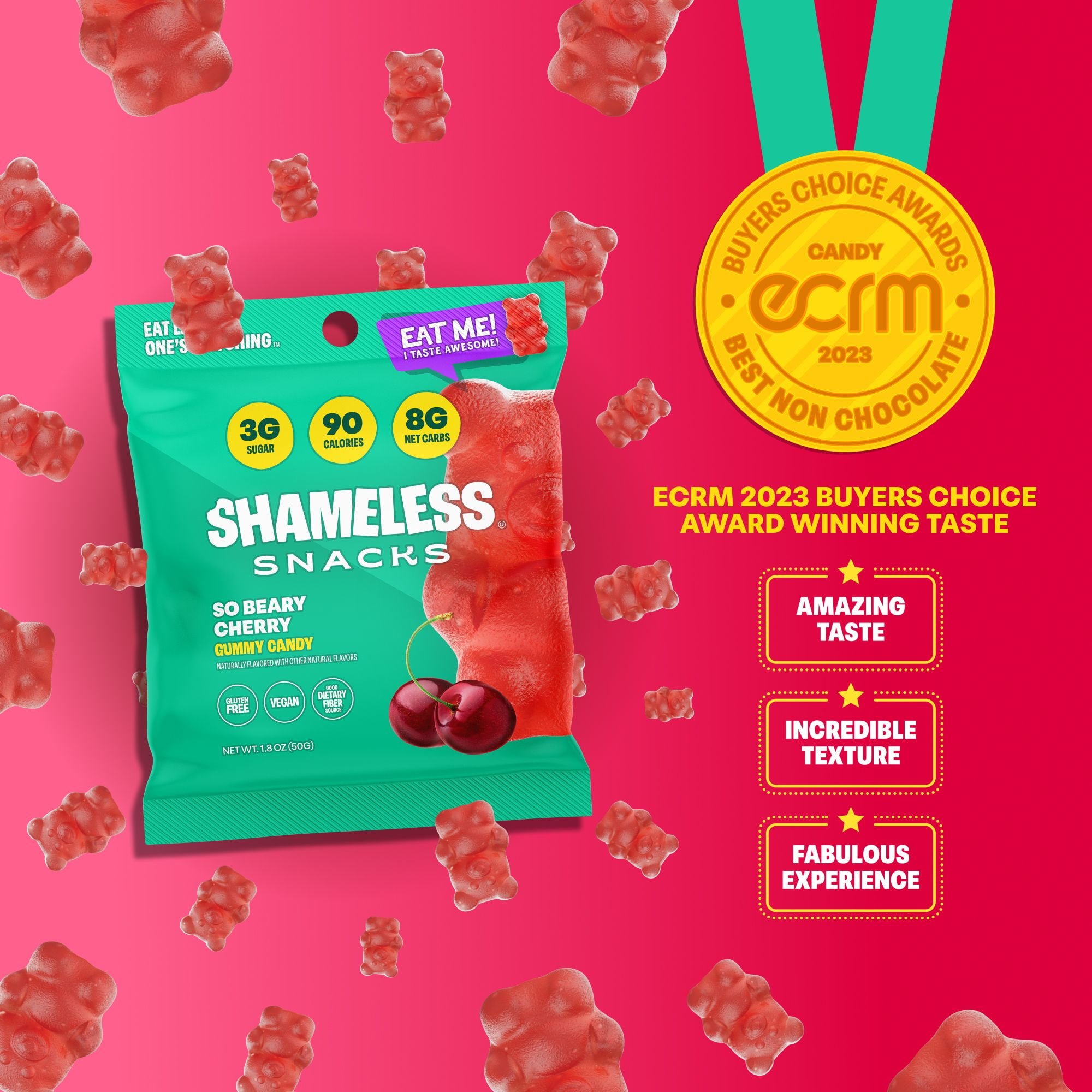 Shameless Snacks So Beary Cherry - Cherry Gummy Bears, Gummy Candy & Fruit Snacks, Keto Snacks Low Sugar Candy in Bulk, 3g Sugar Gluten Free Vegan for Kids & Adults