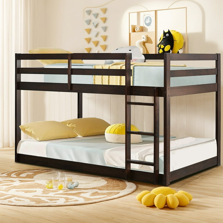 UHOMEPRO Twin Over Twin Floor Bunk Bed for Kids Solid Wood Low Bunk Bed with Safety Rail Ladder Heavy Duty Bunk Beds for Boys Girls Space Saving Bedroom Dorm Furniture Espresso Walmart