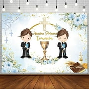 Mi Primera Comunion Backdrop for Twin Boys Nuestra Primera Comunión God Bless Baptism Party Decor Christening Ceremony Mi Bautizo Banner Chalice Floral Photography Background Photo Prop