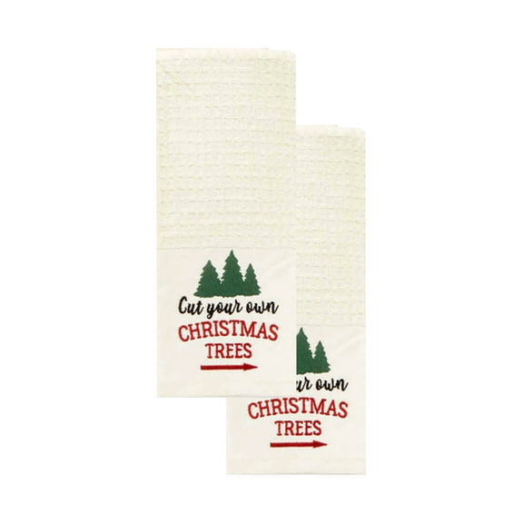 WInter Wonder Lane Christmas Towels, Waffle Kitchen Towel Set of 2, Embroidered Cut Your Own Trees, 26  x 16 Inches, Absorbent Cotton