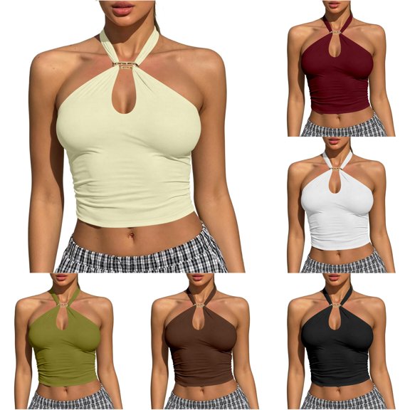 Womens Tank Tops Party Camisole Backless Slim Fit Summer Tops Halter Neck Sleeveless Solid Color Clothes Casual Comfort Club Everyday Wear,Beige,L