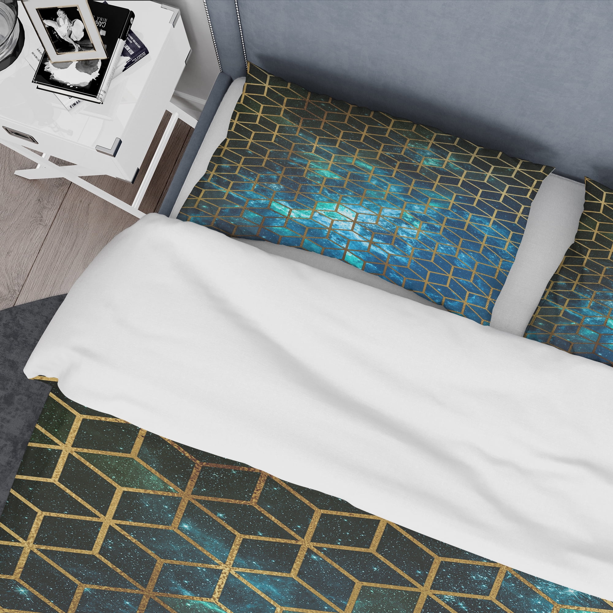Designart 'Yellow Cubes over Blue Cosmic Background' Modern & Contemporary Duvet Cover Set