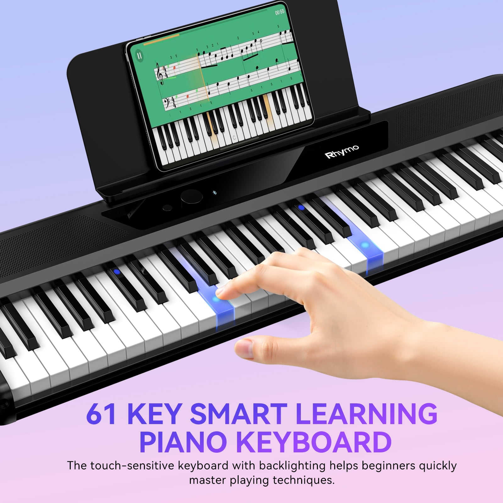 Rhymo 61 Key Smart Piano Keyboard with Light up Keys,Learning Keyboard for Beginners, Velocity Sensitive Electric Piano Keyboard & App Learning(Black)
