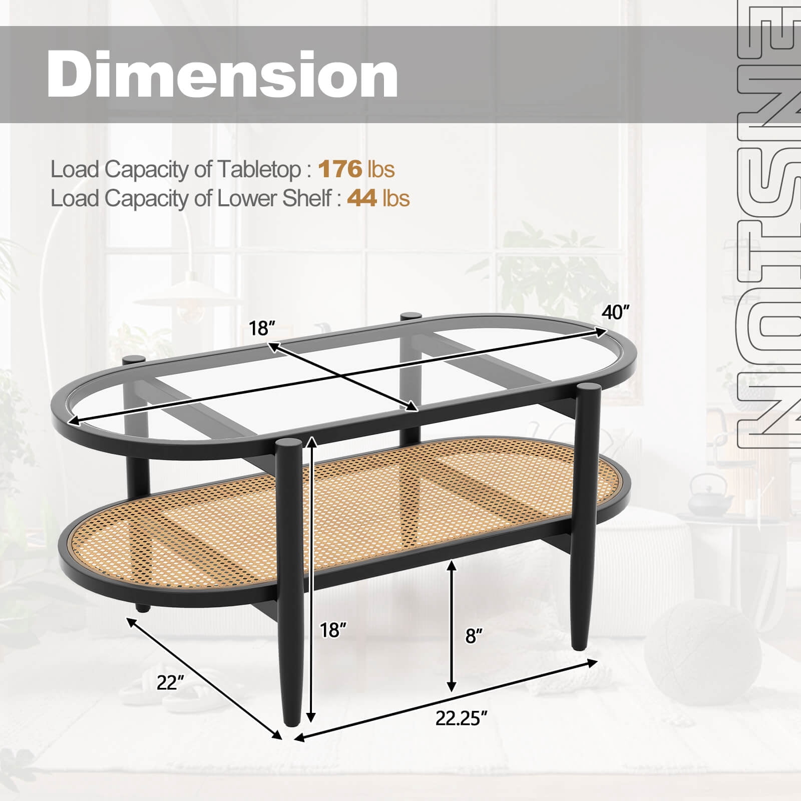 Costway 2-Tier Coffee Table Tempered Glass Top with PE Rattan Shelf & Acacia Wood Frame Black