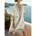 thumbnail image 4 of Women Beach Boho Color Block Swing Flowy Mini Dress Half Sleeve V Neck Side Slit Short Dress Color M, 4 of 5